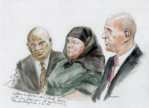 Colleen LaRose and her attorney Mark Wilson are shown in this courtroom sketch during her sentencing hearing in Philadelphia