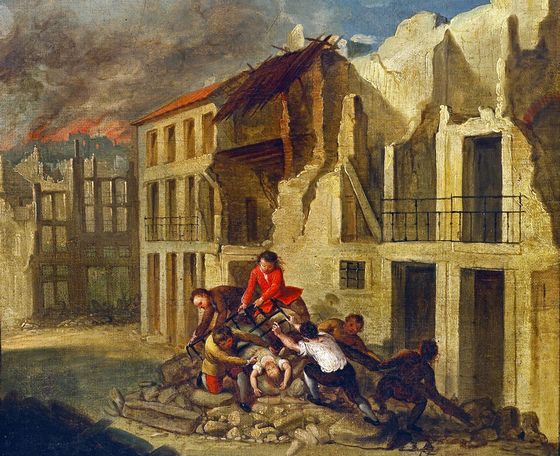 An undated handout painting shows people recovering a girl from ruins in Lisbon after an earthquake ..