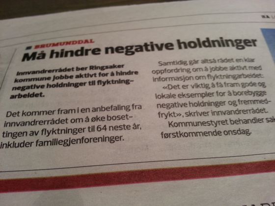 Lørdag 14. november gjøres det kjent i Hamar Arbeiderblad at motstand mot flyktningearbeidet ikke tåles av Innvandrerrådet i Ringsaker.
