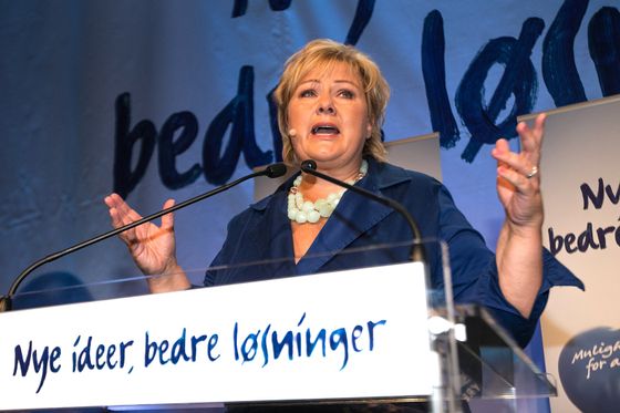 Norwegian leader of the opposition Hoyre party or the centre-right Conservatives, Erna Solberg speaks at the Election Night event on September 9, 2013 in Oslo, Norway. Norway's right wing Monday hailed 