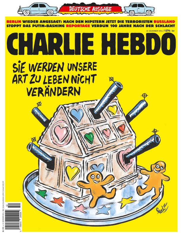 HANDOUT - Der Titel der aktuellen deutschsprachigen Ausgabe des französischen Satiremagazins "Charlie Hebdo" macht mit dem Berliner Terroranschlag auf. Auf der vorab verbreiteten Titelseite ist ein Lebkuchenhaus zu sehen, aus dem mehrere Gewehrläufe ragen. «Sie werden unsere Art zu leben nicht verändern», lautet der Text zum Bild des Zeichners Foolz. (zu dpa "Charlie Hebdo» macht mit Berliner Terroranschlag auf" vom 21.12.2016) ACHTUNG: Nur zur redaktionellen Verwendung im Zusammenhang mit der aktuellen Berichterstattung über die genannte deutschsprachige Ausgabe von Charlie Hebdo und nur bei Nennung Foto: Charlie Hebdo/dpa +++(c) dpa - Bildfunk+++