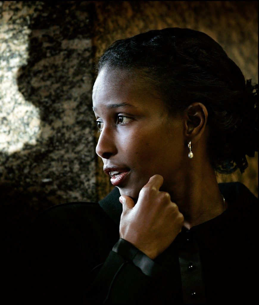 Ayaan Hirsi Ali of the Netherlands is seen in Hague in this January 18, 2005 file photo. Hirsi Ali, a Somali-born Dutch politician known for her criticism of Islam, will leave parliament and move to the United States after admitting she lied to win asylum in the Netherlands, media reported on May 15, 2006.   REUTERS/Michael Kooren