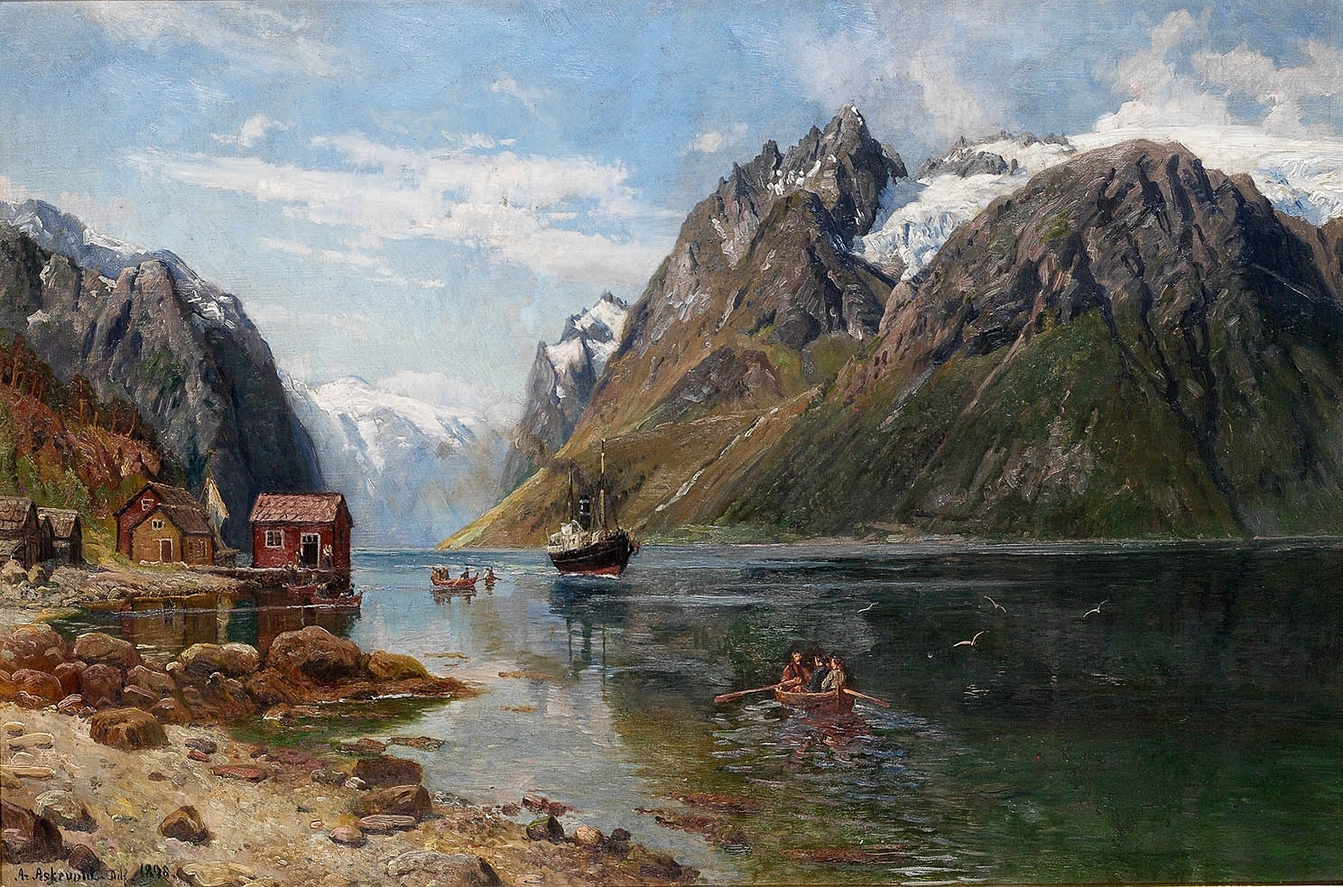 Dampbåt og robåter i fjordlandskap (1898)&nbsp;<span>(+)</span>