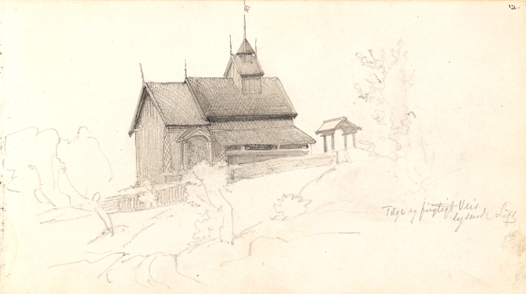 Eidsborg stavkirke en gråværsdag (1873)&nbsp;<span>(+)</span>
