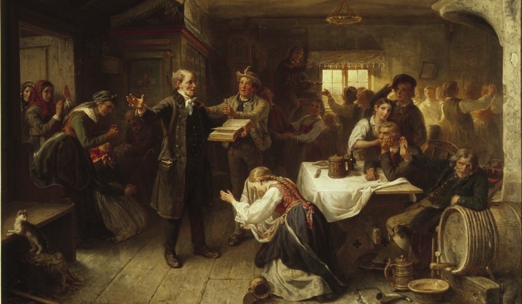 En läsare stör fröjden i en gillestuga (1866)&nbsp;<span>(+)</span>