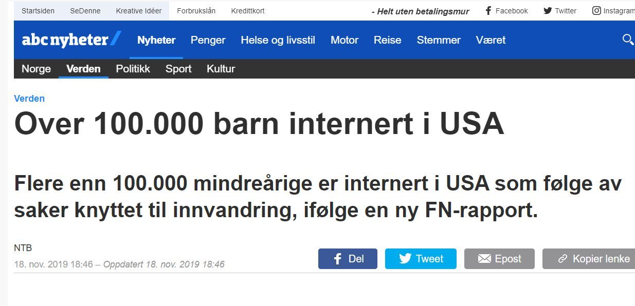 Norske medier sprer falsk nyhet om at USA har internert 100.000 barn – NTB har ikke trukket saken&nbsp;<span>(+)</span>