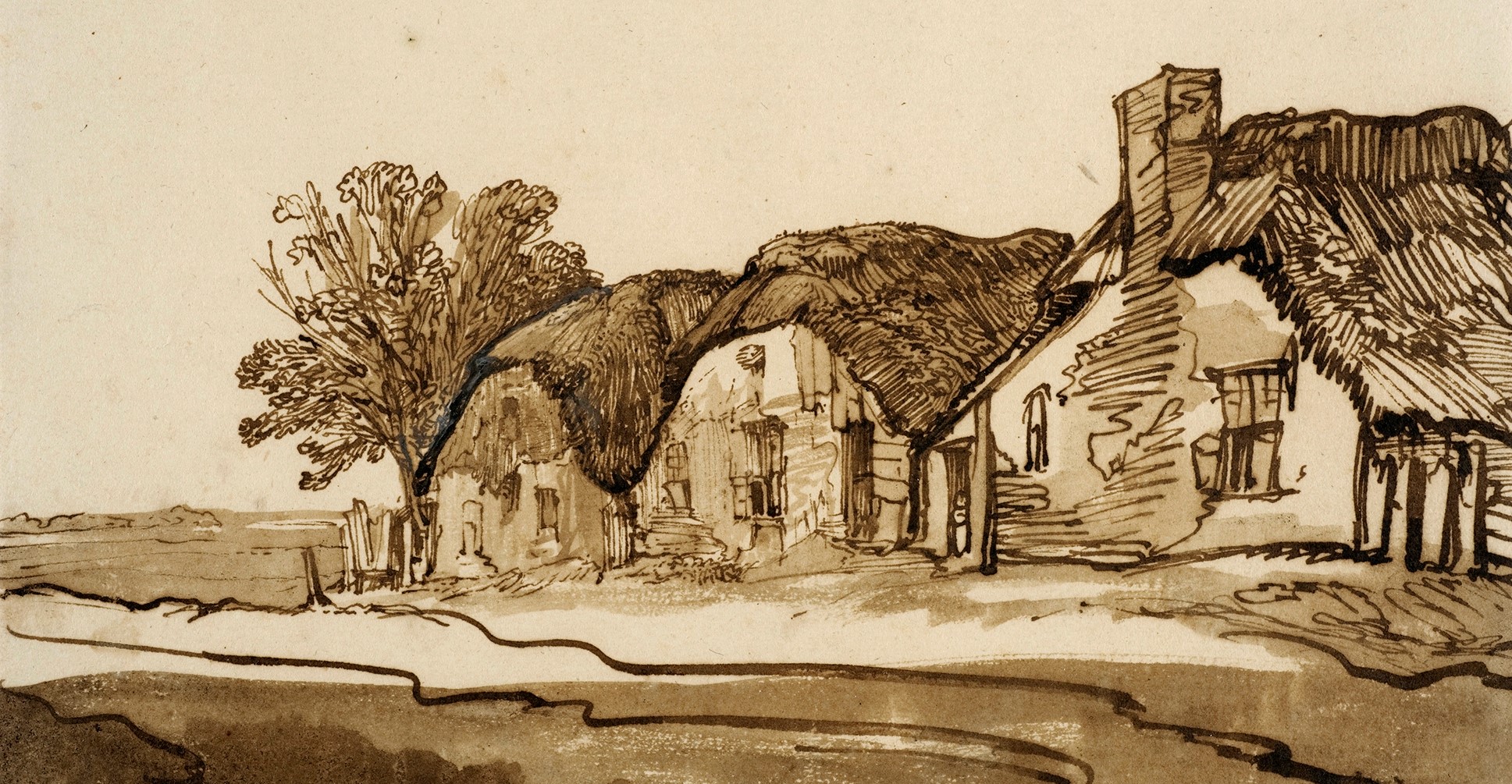 Tre stråtekte hus ved en vei (c. 1640)&nbsp;<span>(+)</span>