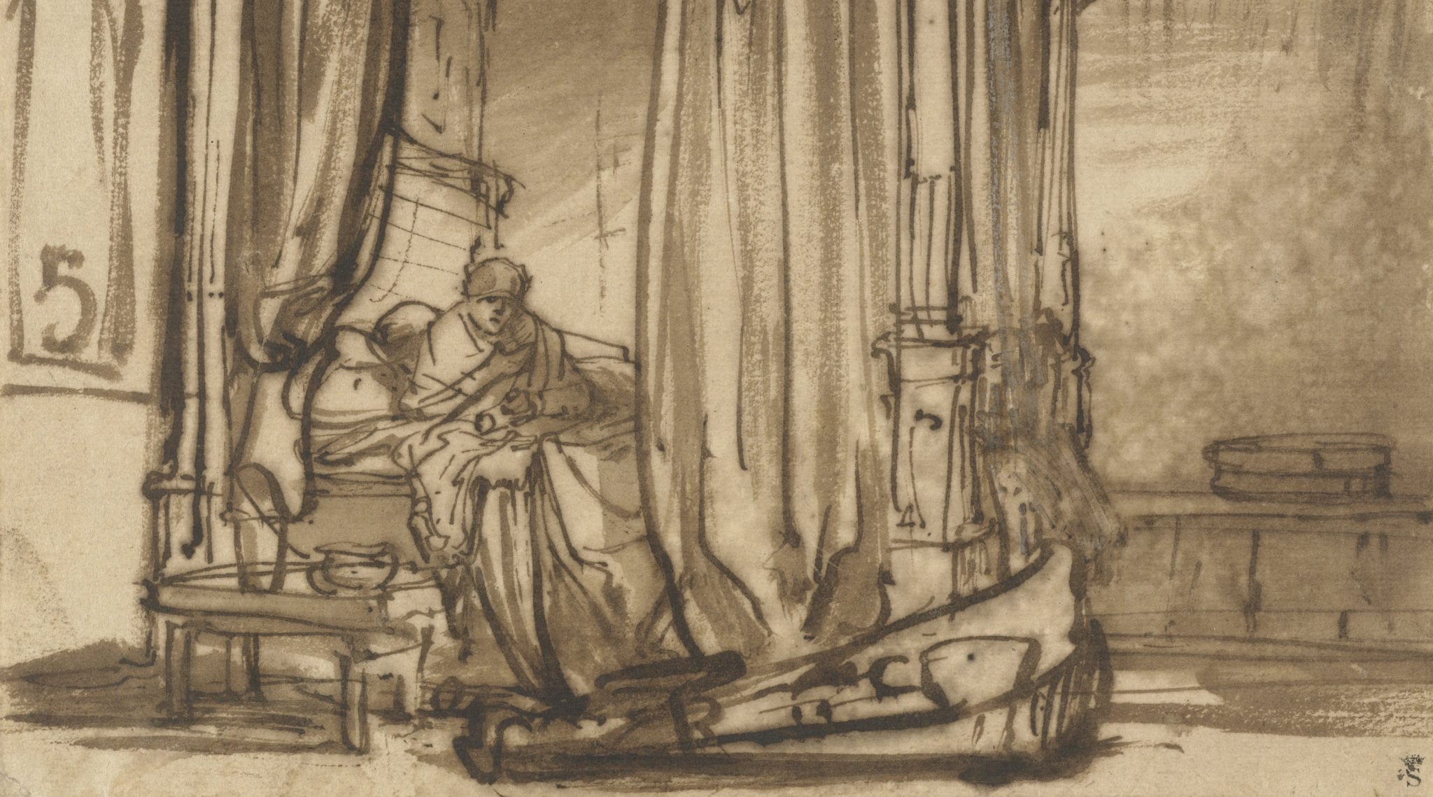 Soverom med Saskia sittende i en himmelseng (c.1638)&nbsp;<span>(+)</span>