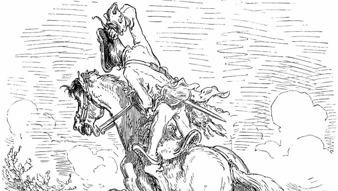 Baron von Münchhausen løfter seg selv og hesten etter håret (1862)&nbsp;<span>(+)</span>