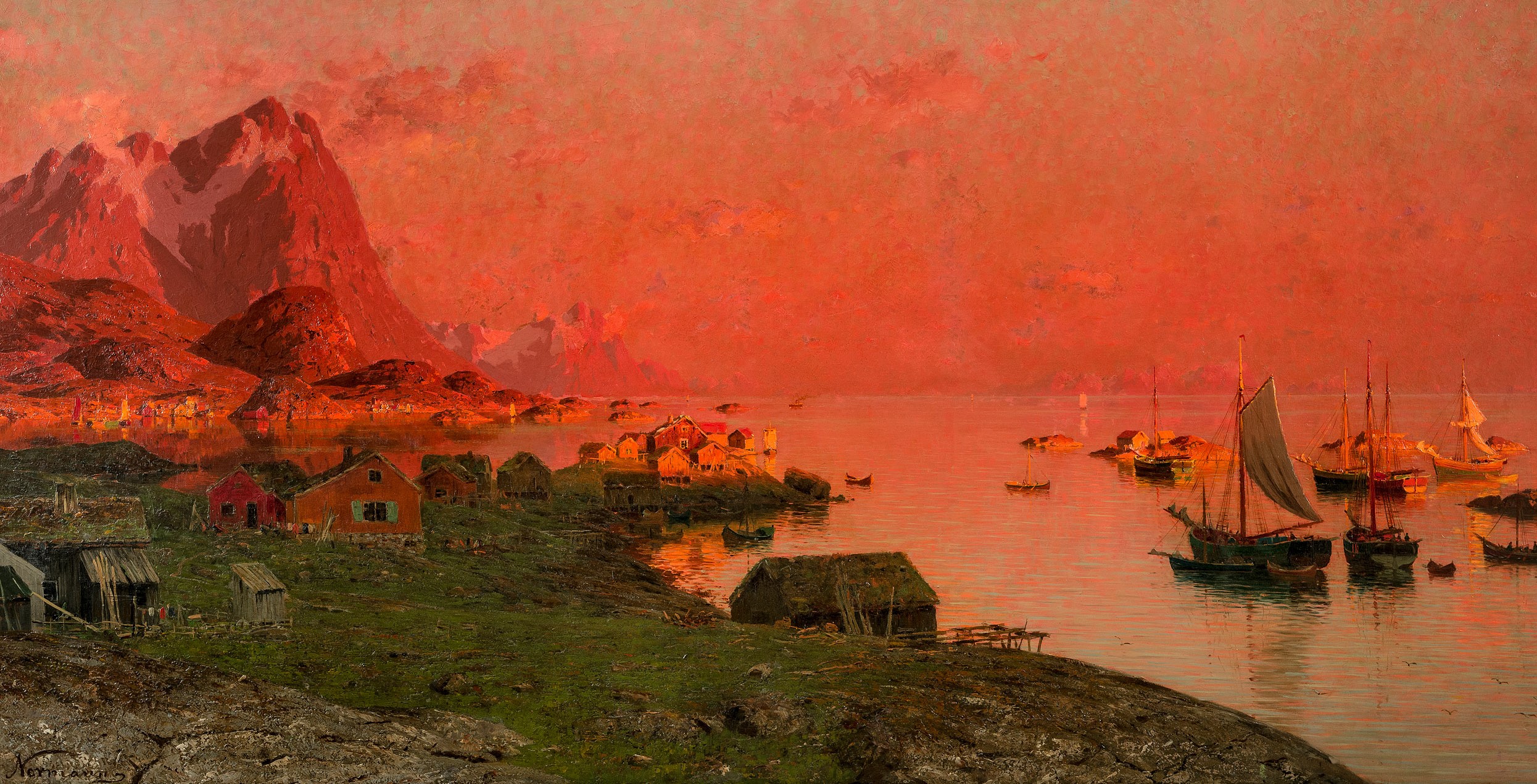 Fiskeværet Reine i Lofoten i midnattsol (ikke datert, c. 1880?)&nbsp;<span>(+)</span>