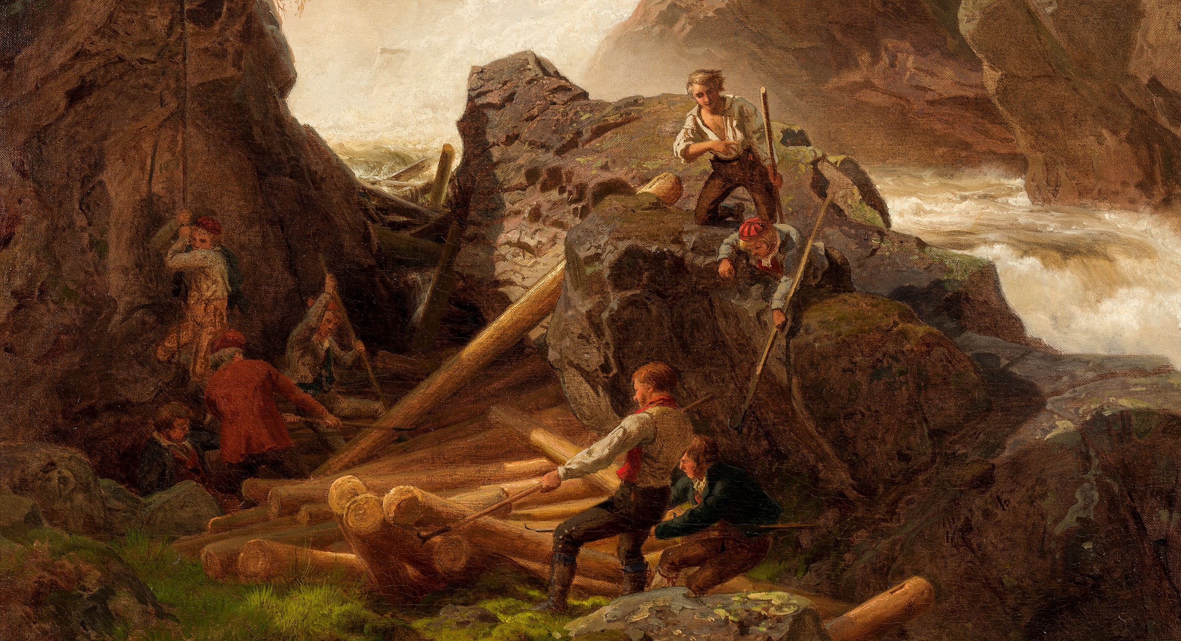 Foss med tømmerfløtere (1858).&nbsp;<span>(+)</span>
