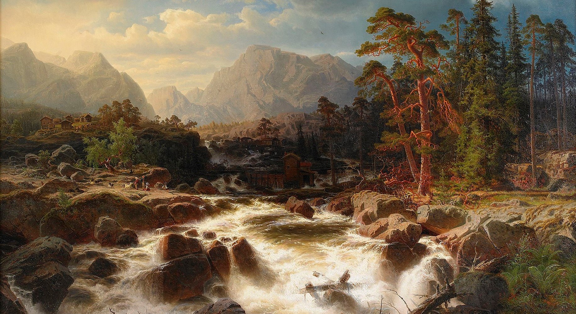 Dramatiskt forslandskap med figurer och kvarnbyggnader (1854).&nbsp;<span>(+)</span>
