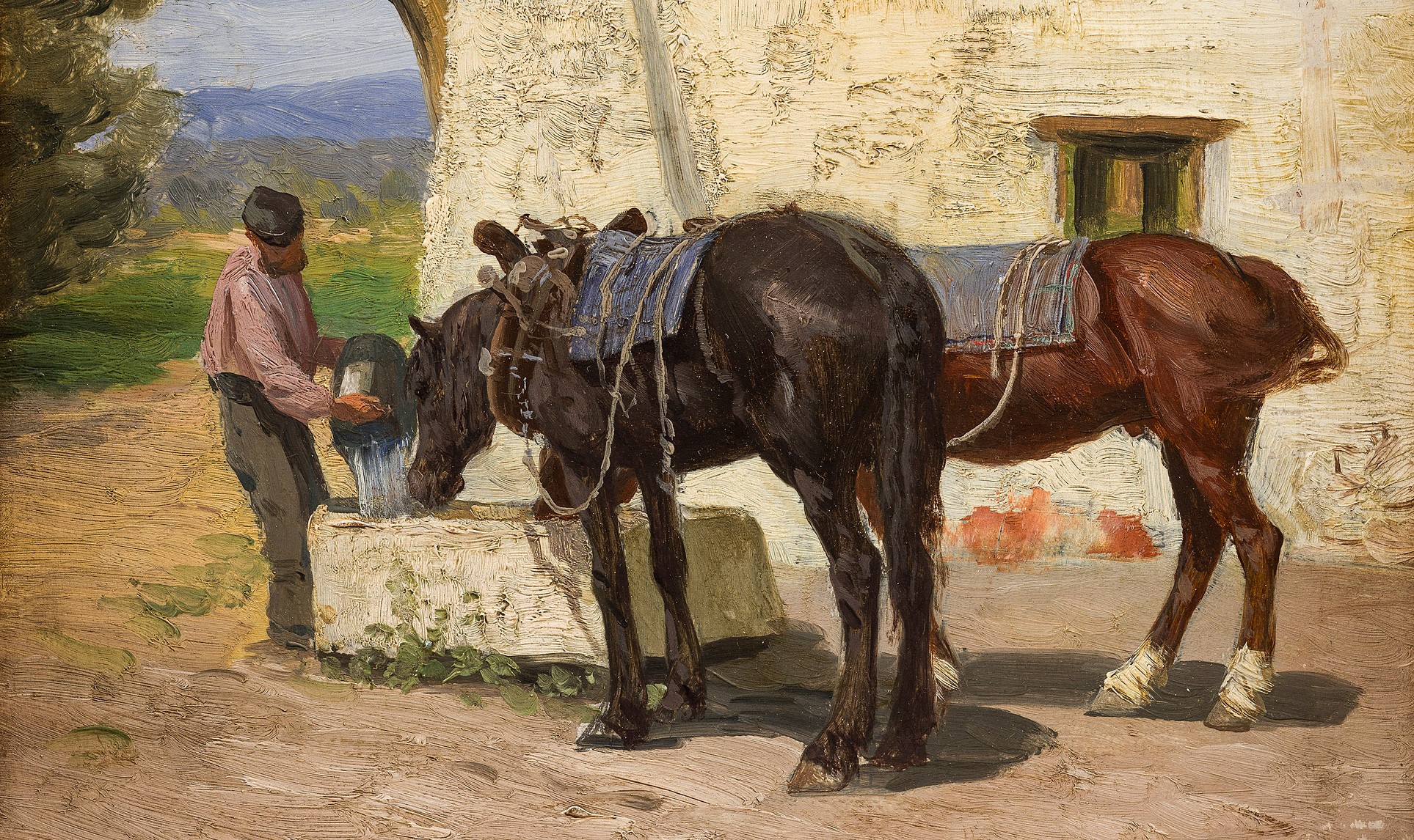 Hester ved vanntroen (ikke datert).&nbsp;<span>(+)</span>