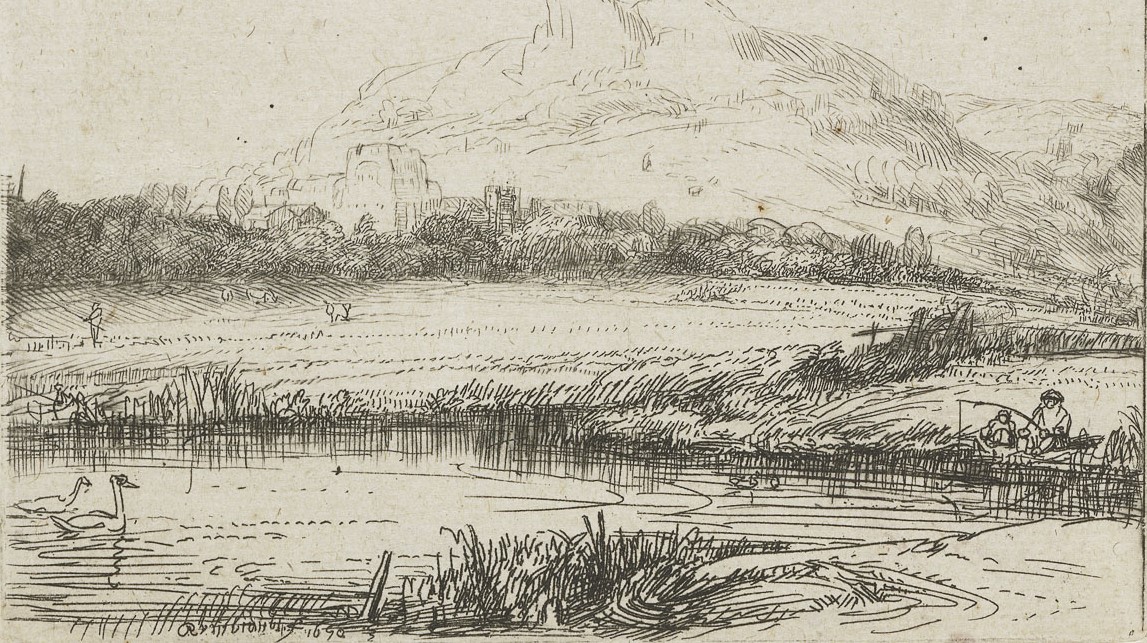 Kanal med en fisker og to svaner (1650).&nbsp;<span>(+)</span>