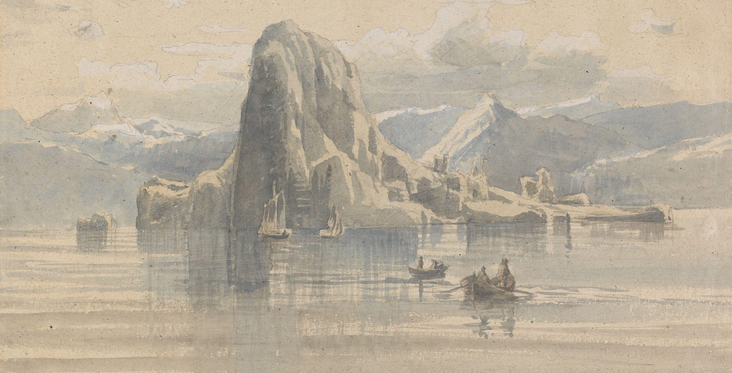 Fjordlandskap med båter foran bratt klippeøy (c.1856).&nbsp;<span>(+)</span>