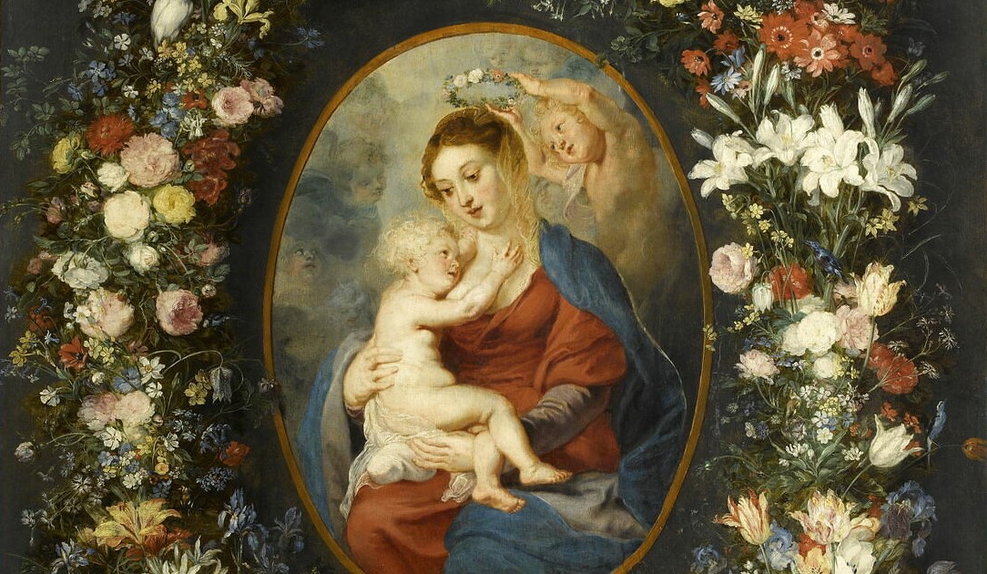 Madonna og barnet med englebarn i en blomsterkrans (1621).&nbsp;<span>(+)</span>