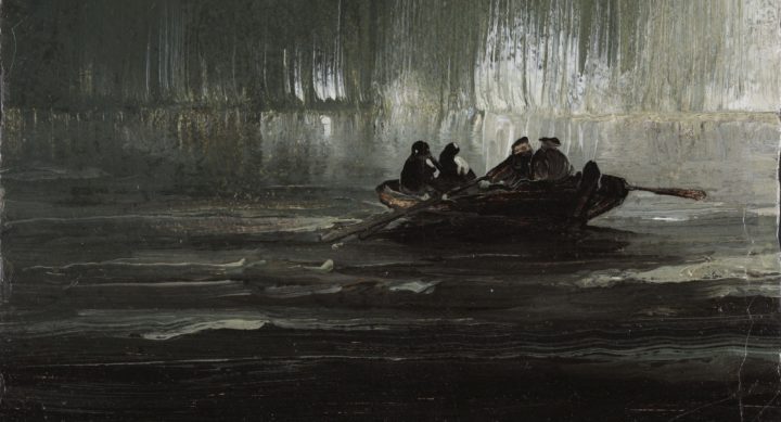 Nordlys over fire menn i robåt (ikke datert).&nbsp;<span>(+)</span>