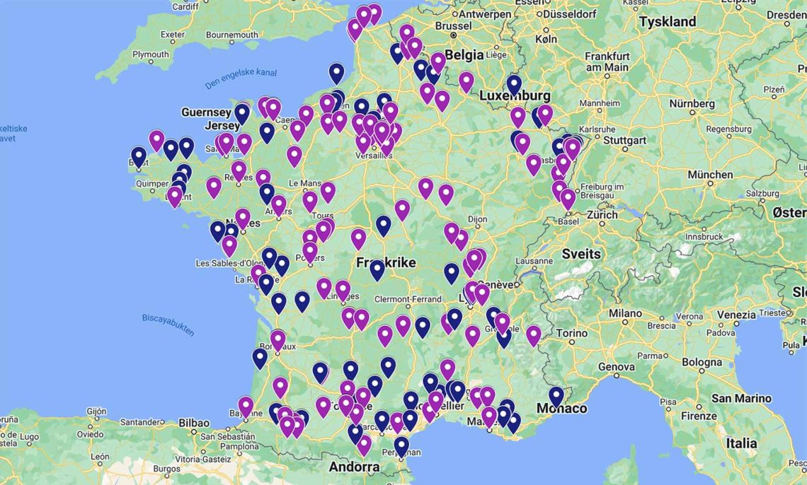 Kart over hærverk og brannstiftelser mot kirker i Frankrike