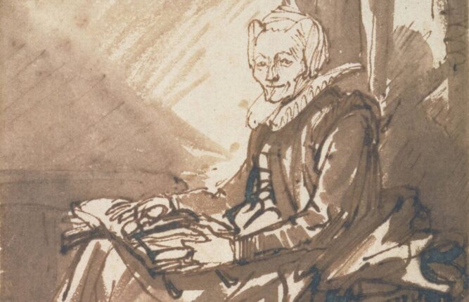 Sittende kvinne med en åpen bok i fanget (c.1639).