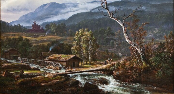 Landskap ved Kaupanger med stavkirke (1847).