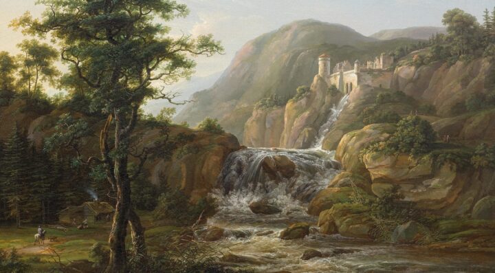 Fjell-landskap med foss, slott og en ferdamann til hest foran en hytte (1816)