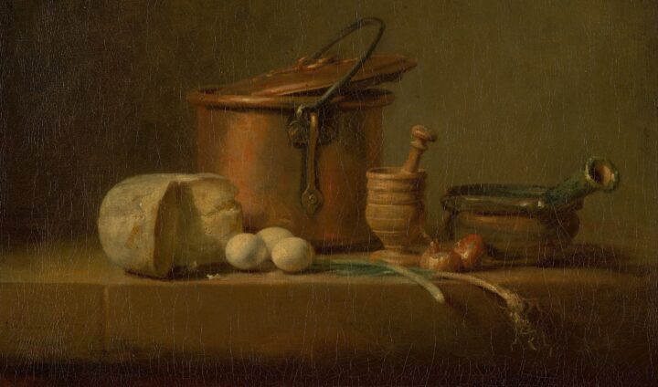 Stilleben med kobberkjele, vårløk, ost og egg (1730-35).