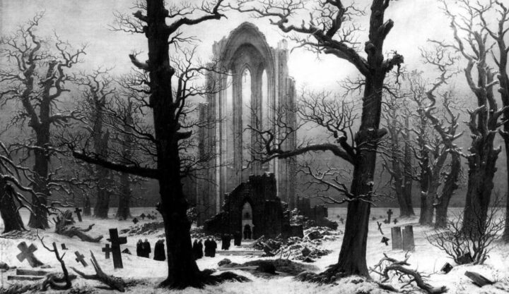 Klostergravlund i snøen (etter 1819).