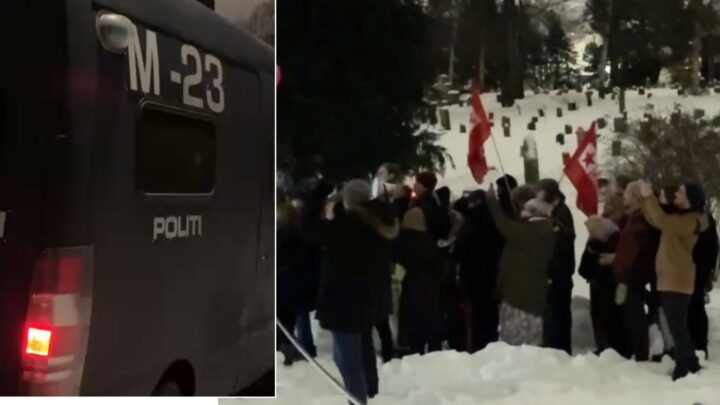Se video: Stort politioppbud da ytre venstre demonstrerte mot Norges&shy;demokratene