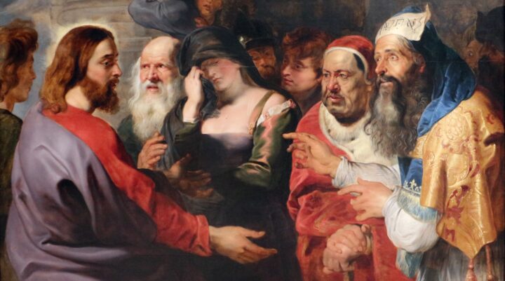 Kvinnen som ble grepet og Jesus (1614).