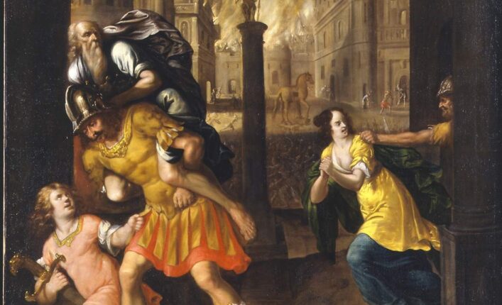 Aeneas og hans familie flykter fra Troja (1654).