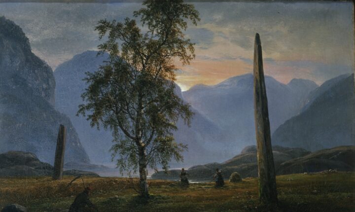 Høyonn mellom bautasteiner på Nornes (1839).