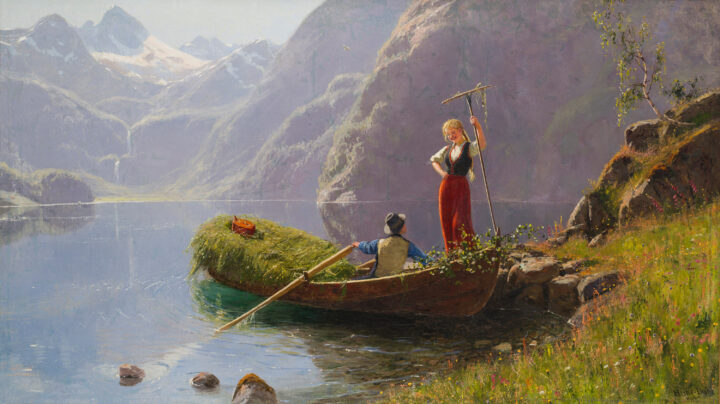 Fjordlandskap med folkeliv, innhøsting (ikke datert).