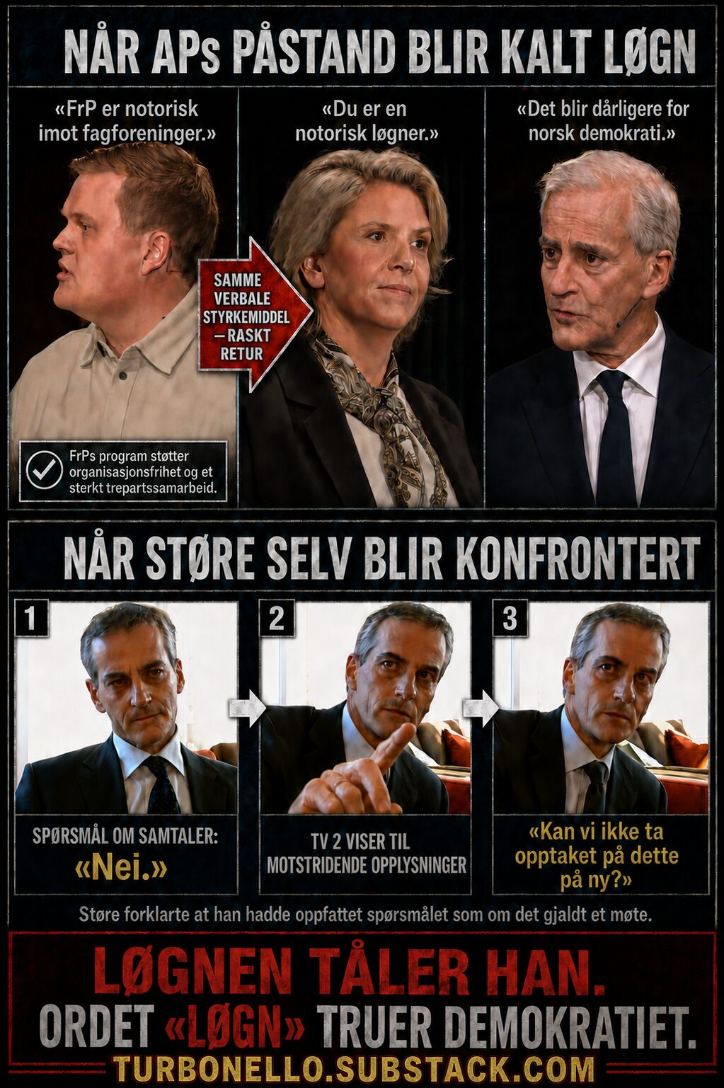 Politisk infografikk med Gaute Børstad Skjervø, Sylvi Listhaug og Jonas Gahr Støre om FrP, løgnanklagen og Støres tidligere TV 2-opptak.